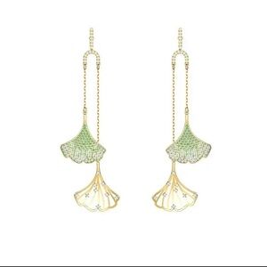 Swarovski Ginkgo Fan Dangle Long 2-chains crystals pin Earrings